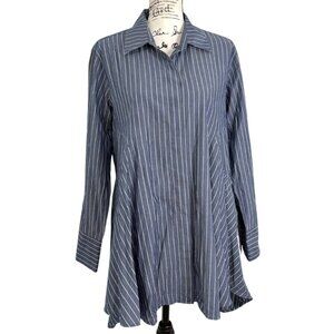 Donna Karan Button-Up Top Tunic Blue Striped Long Sleeve Lagenlook Womens Size L